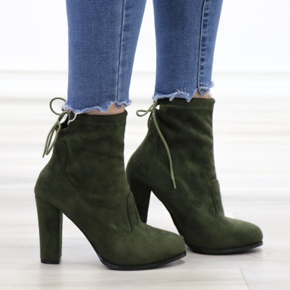Round Toe Olive Suede Ankle Heeled Boots, Booties - Picture 5 of 11